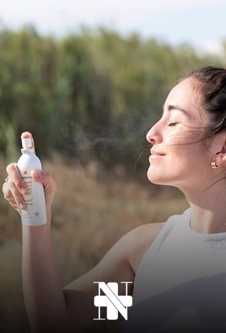 Imagen de una modelo aplicándose un tratamiento facial